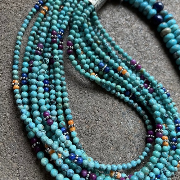 Sterling Silver Multi Strand Multi Stone Turquoise Bead Necklace. 30 inch - Picture 5 of 12